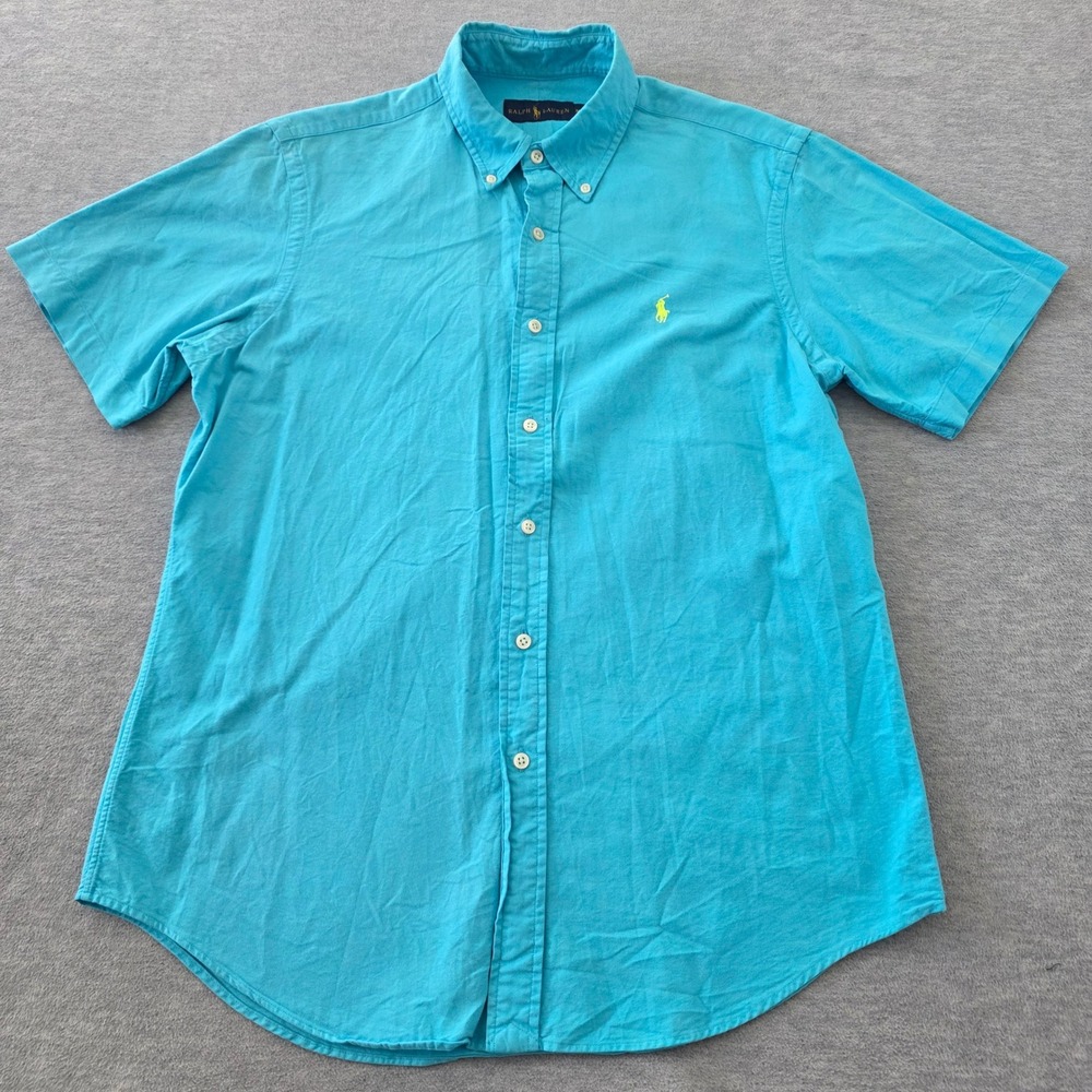 Ralph Lauren Mens Medium Short Sleeve Button Down Shirt Turquoise Blue Cotton - Picture 2 of 8